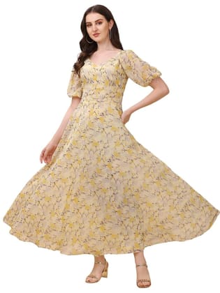 FASHION QUEEN Western Dresses for Women Yellow Floral Print Maxi Dress Sweetheart Neck Short Puff Sleeves Georgette Fabric Maxi Length Dress