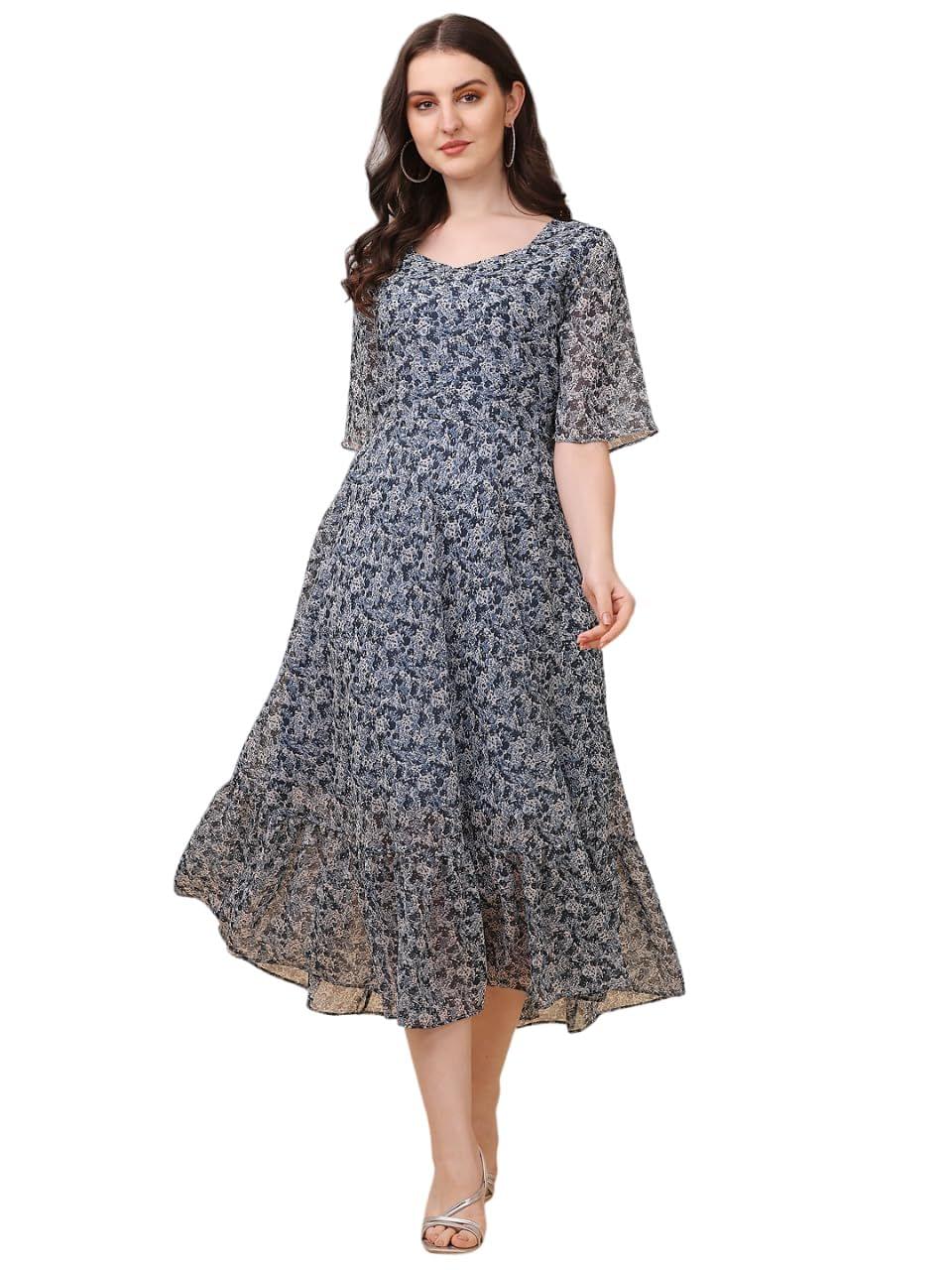 FASHION QUEEN Western Dresses for Women Multicolored Floral Print Fit & Flare Dress Round-Neck Short Flared Sleeves Georgette Fabric Midi Length Dress