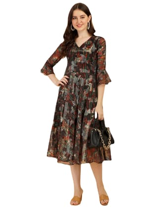 FASHION QUEEN Western Dresses for Women Multicolored Floral Print Fit & Flare Dress 3/4 Bell Sleeves Midi Length Jacquard Fabrics Dress