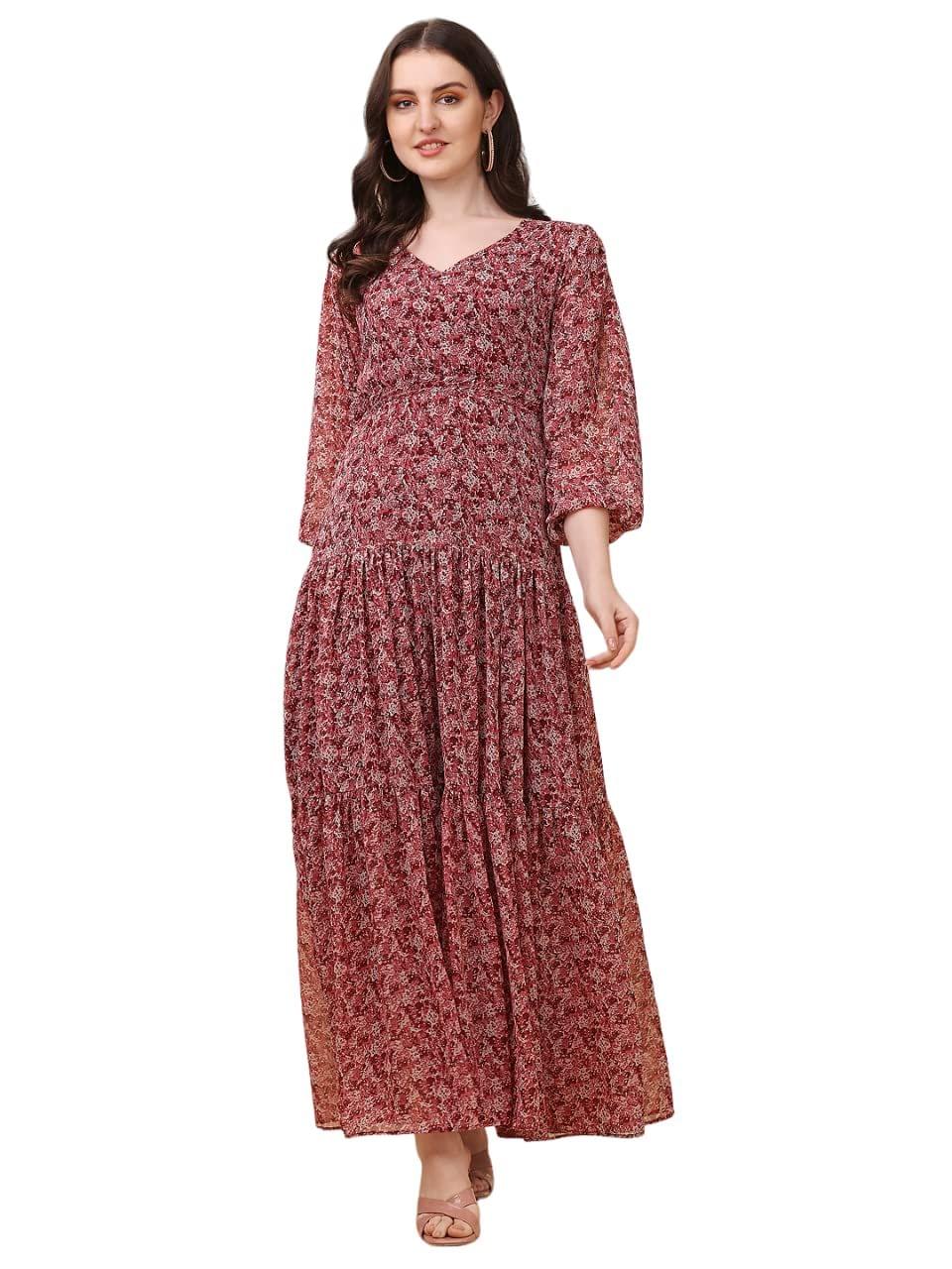 FASHION QUEEN Western Dresses for Women Red & Off White Floral Print Maxi Dress V-Neck 3/4 Puff Sleeves Georgette Fabric Maxi Length Dress