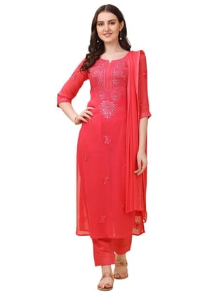 FASHION QUEEN Women's Most Trendy & Latest Collection Embroidered 3/4 Sleeve Over The Knee Length Straight Fully Stitched Kurta with Pant and Dupatta Suitable in All Other Social Gatherings