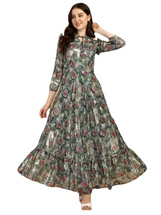 FASHION QUEEN Women's Jacqaurd Digital Printed 3/4 Sleeve Designer Anarkali A-Line Fully Stitched Midi Dress | Long Gown for Girls |Suitable in All Other Social Gatherings