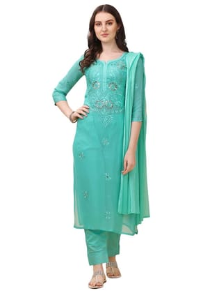 FASHION QUEEN Women's Most Trendy & Latest Collection Georgette Embroidered 3/4 Sleeve Over The Knee Length Straight Fully Stitched Kurta with Pant and Dupatta