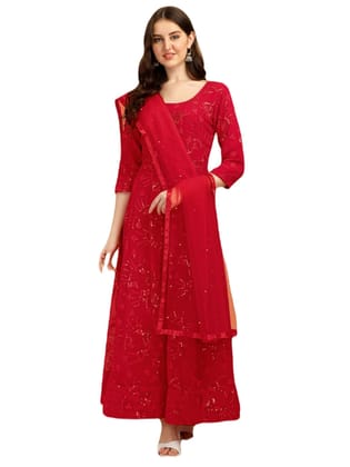 FASHION QUEEN Women's Long Western Dress With Georgette Sequins Embroidery Work With 3/4 Sleeve Full Flair Maxi Dress With Dupatta