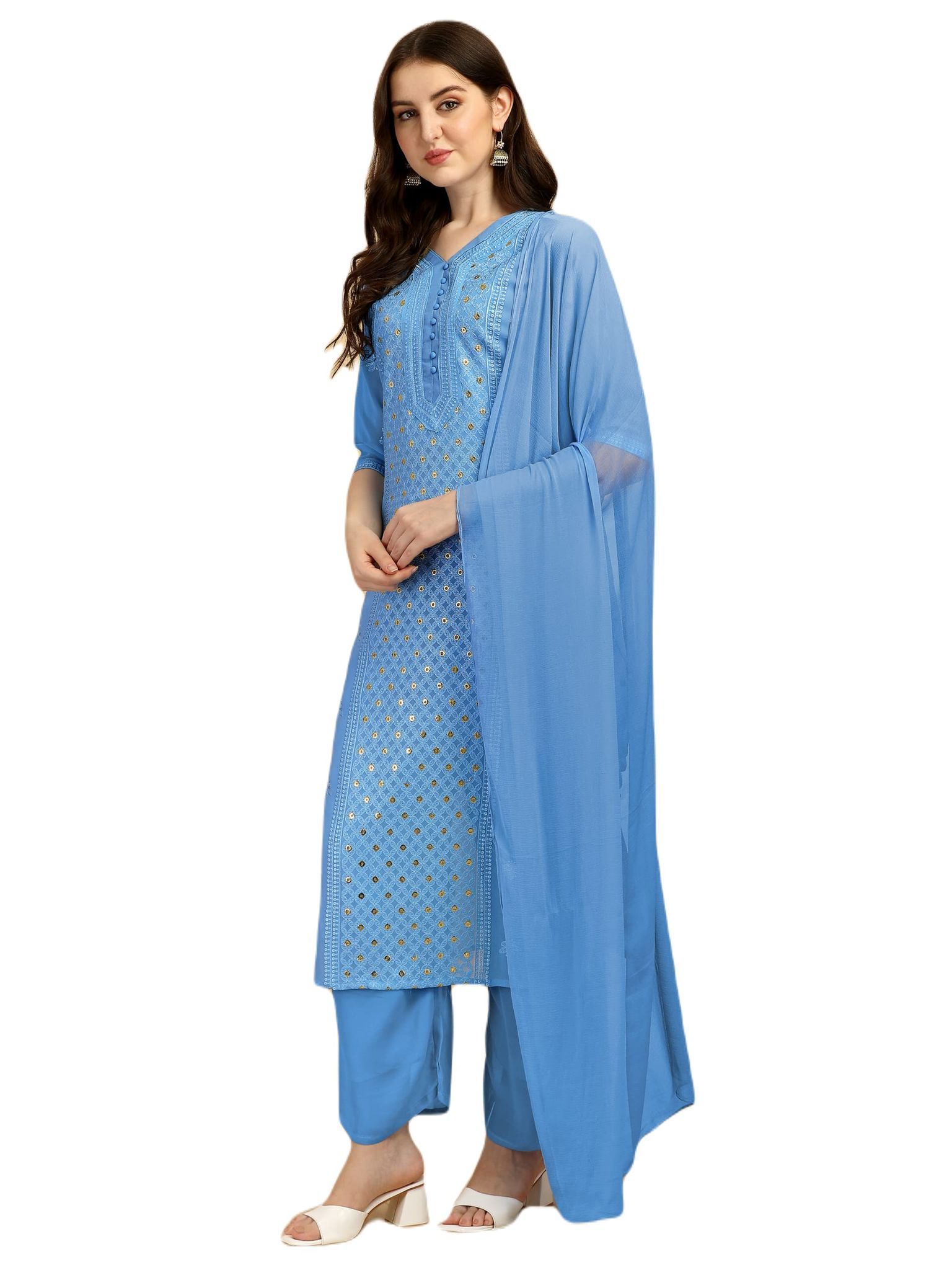 FASHION QUEEN Women's Most Trendy & Latest Collection Georgette Printed 3/4 Sleeve Over The Knee Length Straight Fully Stitched Kurta with Pant and Dupatta