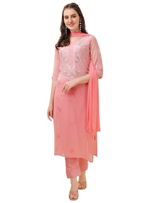 FASHION QUEEN Women's Most Trendy & Latest Collection Georgette Embroidered 3/4 Sleeve Over The Knee Length Straight Fully Stitched Kurta with Pant and Dupatta Suitable All Social Gathering