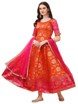 FASHION QUEEN Women's Jacqaurd Half Sleeve Designer A-Line Anarkali Fully Stitched Midi Dress with Dupatta | Long Gown for Girls |Suitable in All Other Social Gatherings