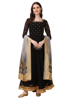 FASHION QUEEN Women's Long Western Gown Georgette Dress with Long Sleeve Gold Embroidery Work Full Flair Mexi Dress with Jacuaurd Dupatta