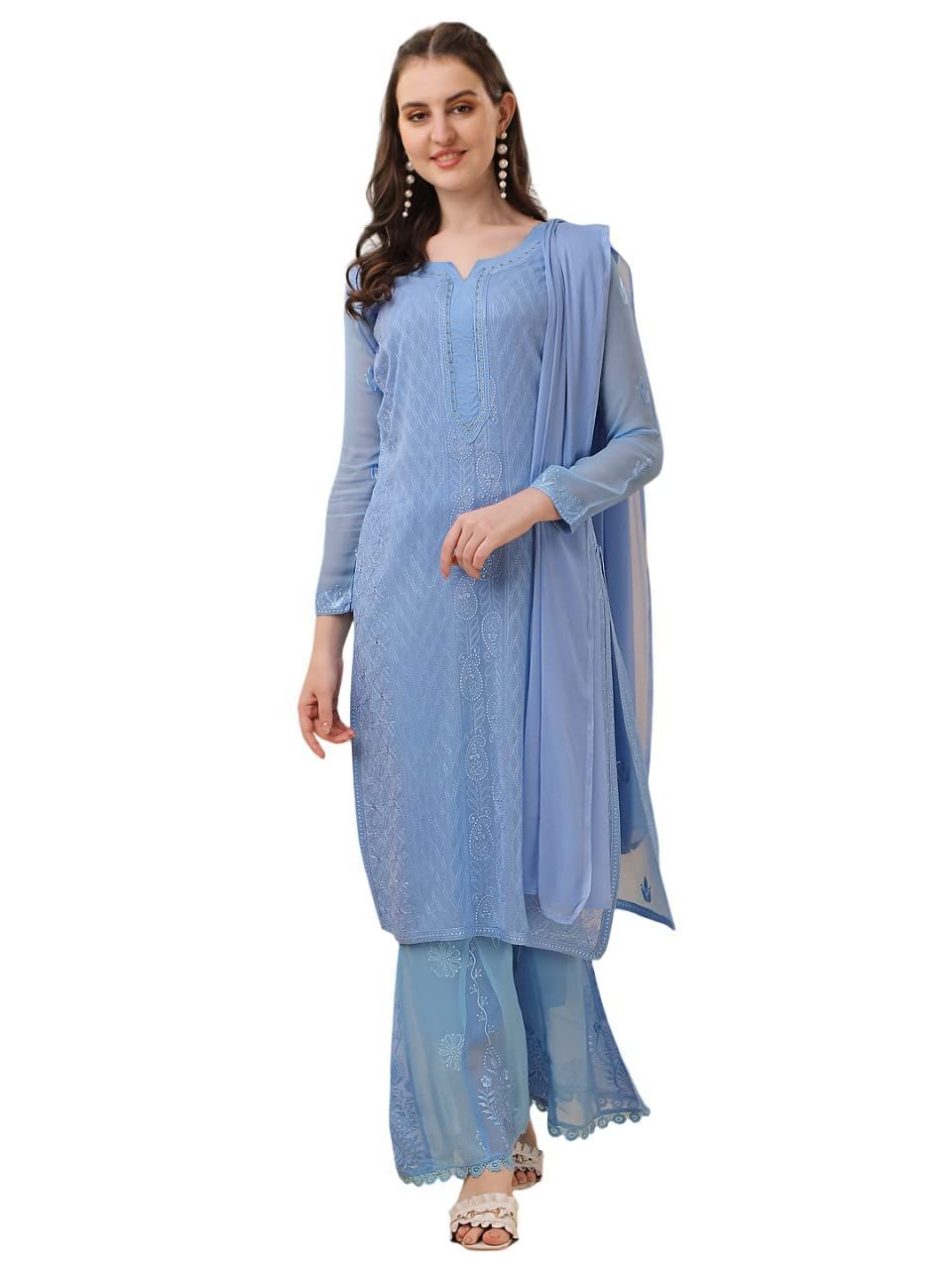 FASHION QUEEN Women's Designer Georgette Embroidered Full Sleeve Straight Fully Stitched Kurta with Plazzo and Dupatta Suitable in All Other Social Gatherings