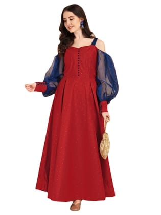 Fashion Queen Women's Long Gown Western Jacqaurd Dress with Long Sleeve Ribbin Embroidery Work A-Line Midi Dress