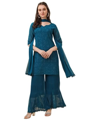 FASHION QUEEN Women's Designer Georgette Embroidered 3/4 Sleeve Straight Fully Stitched Kurta with Plazzo and Dupatta