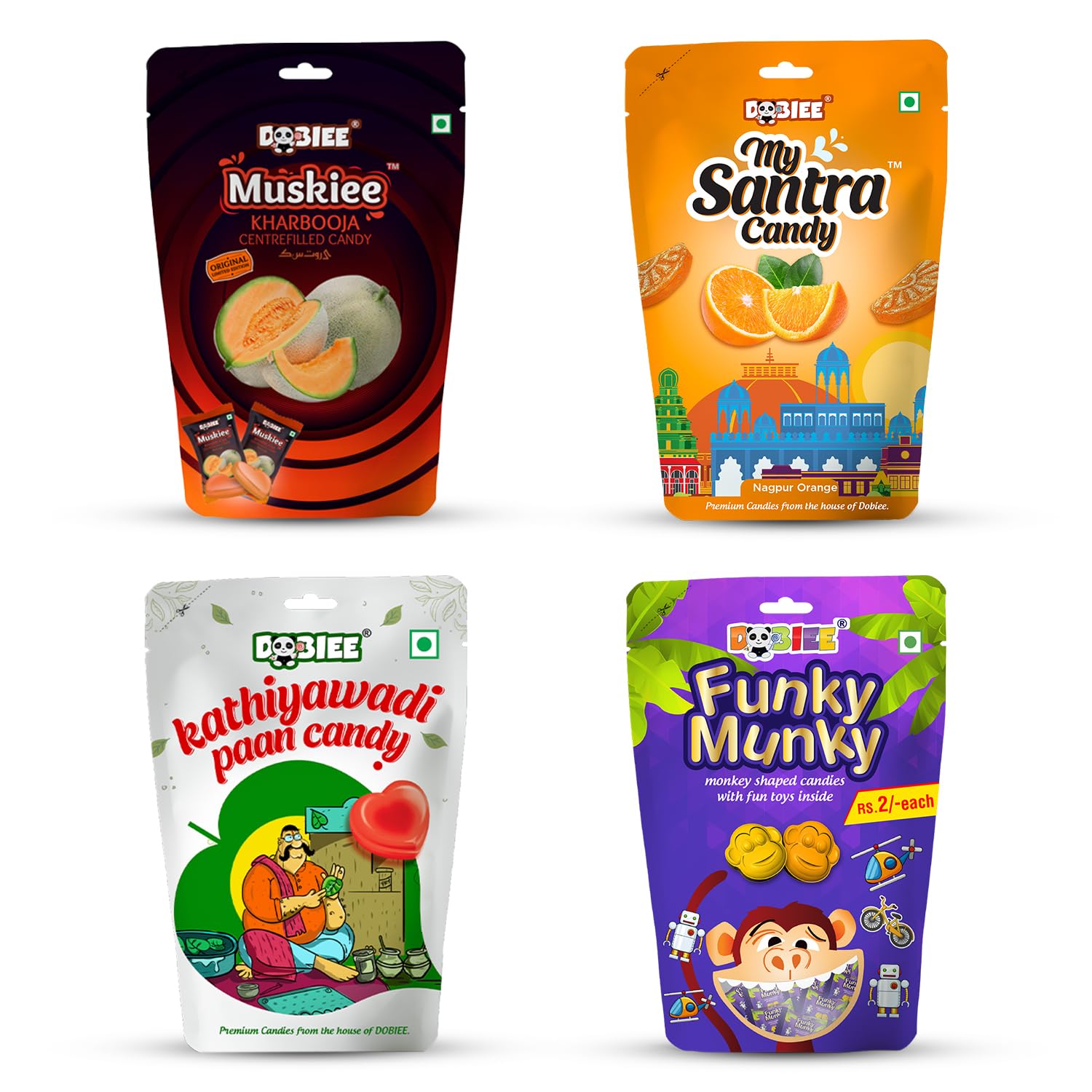 DOBIEE Multi Fruit Flavour Centre Filled Candies Combo of 4 Assorted Pack (Muskiee 50pcs, My Santra Candy 50pcs, Kathiyawadi Paan Candy 50pcs, Funky Munky 50pcs)