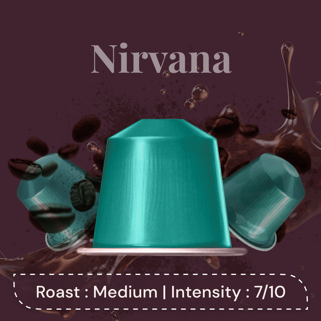 Nirvana Espresso Pods - Intensity 7/10 | Nespresso Compatible | Medium Dark Roast | 100% Specialty AA+ Beans | Aluminum Capsules