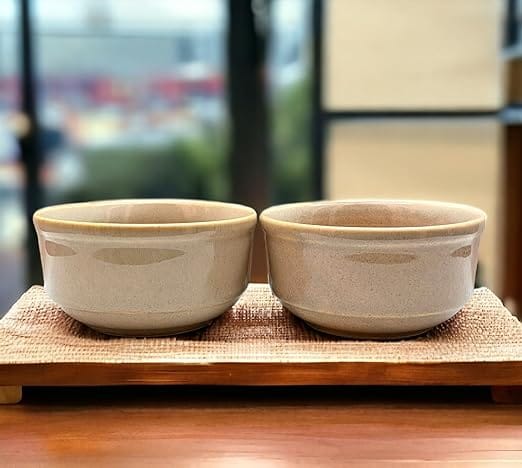 STOREPEDIA Handmade Studio Pottery Ceramic Bowl Set of 2 Microwave Safe Jumbo Bowls for Serving Pasta Noodles Soup Salad Dessert Dining Bowls Set Gift Kitchen Use Beige Color 400 ml