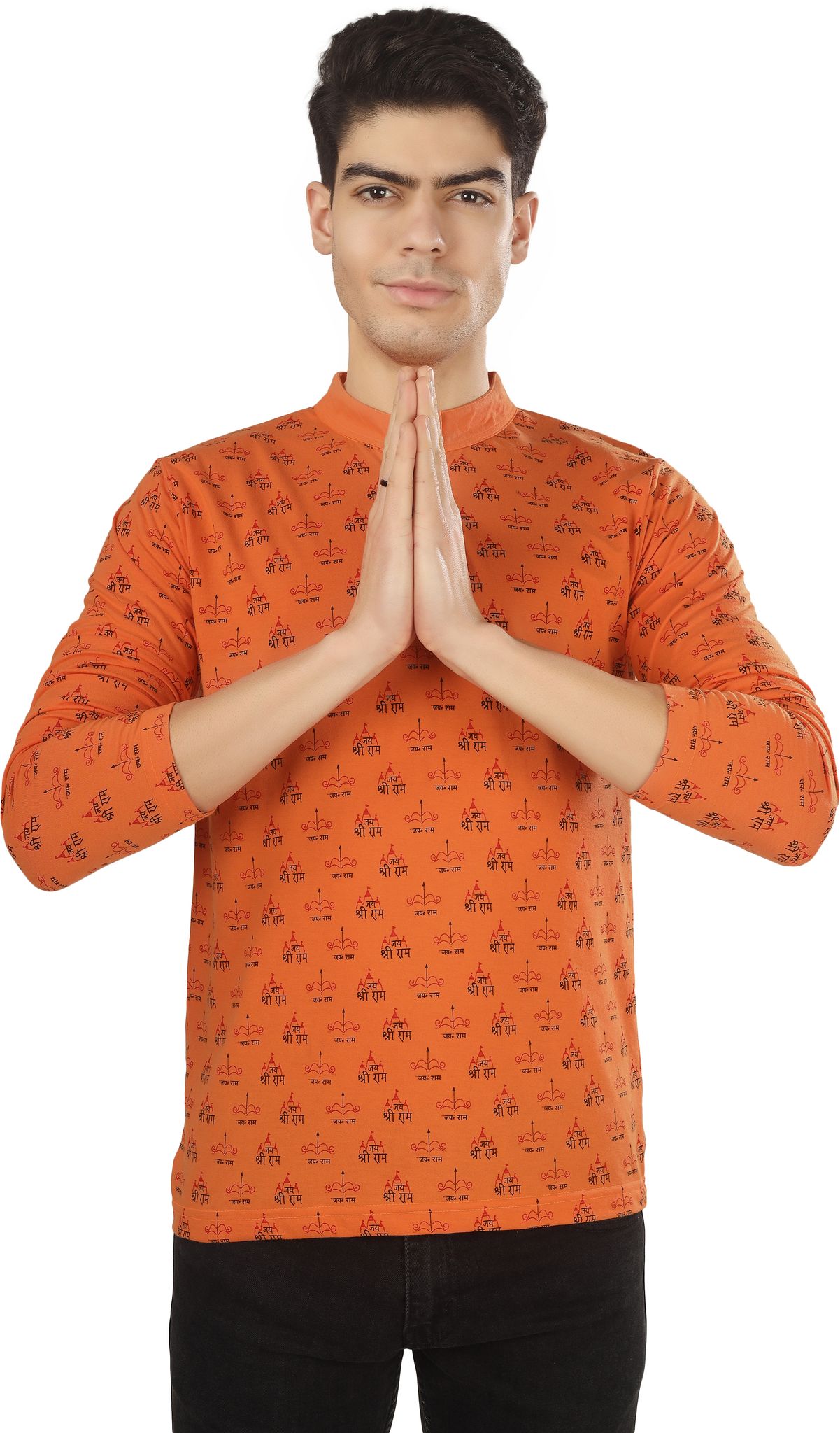 BLUEFICUS Men's Jai Shree Ram Printed Cotton Round Neck Full Sleeves T-Shirt (Rust)