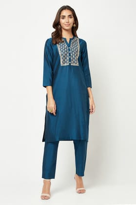 Teal Blue Yoke Embroidered Silk Kurta Set