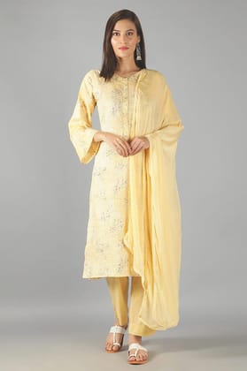 Yellow Printed Straight Kurta Set Of 3