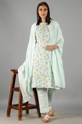 Pastel Blue Floral Kurta Set With Dupatta