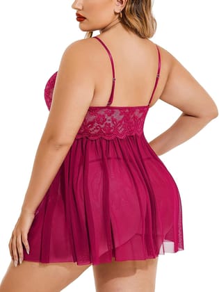 FASHION BONES - Babydoll Honeymoon First Night Dress For Plus Size Women With G-String Panty Lingerie Wear- Wine Color 1pc