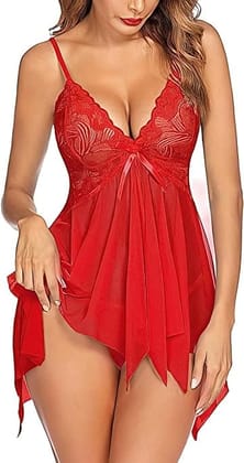 FASHION BONES - Babydoll Honeymoon First Night Dress With G-String Panty Lingerie Wear For Women and Ladies Red 1pc