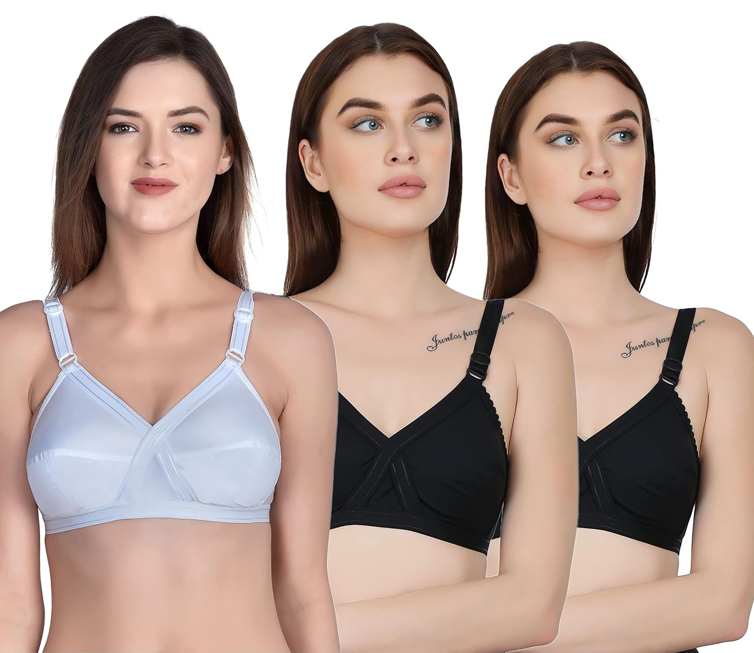 FASHION BONES Women's Cotton Cross Bra for Women and Girls | Full Coverage, Non-Padded | Daily Use Cotton Bra | 2 Black-1 White (Combo of 3)