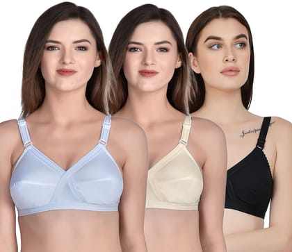 FASHION BONES Women's Cotton Cross Bra for Women and Girls | Full Coverage, Non-Padded | Daily Use Cotton Bra | Beige-White-Black (Combo of 3)