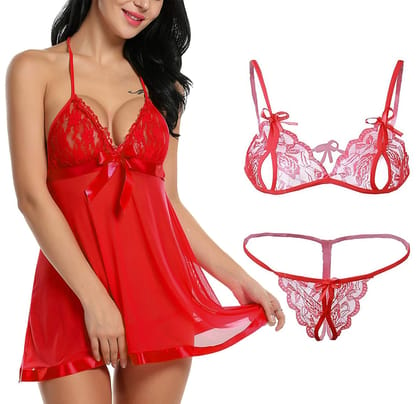 FASHION BONES Women Babydoll Nightwear Lace Bra Panty Lingerie Set, Combo (Free Size) Fit Small to Large