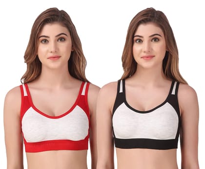 Fashion Bones- Women Cotton Blend Non Padded Full Coverage Sports Bra Pack of 2