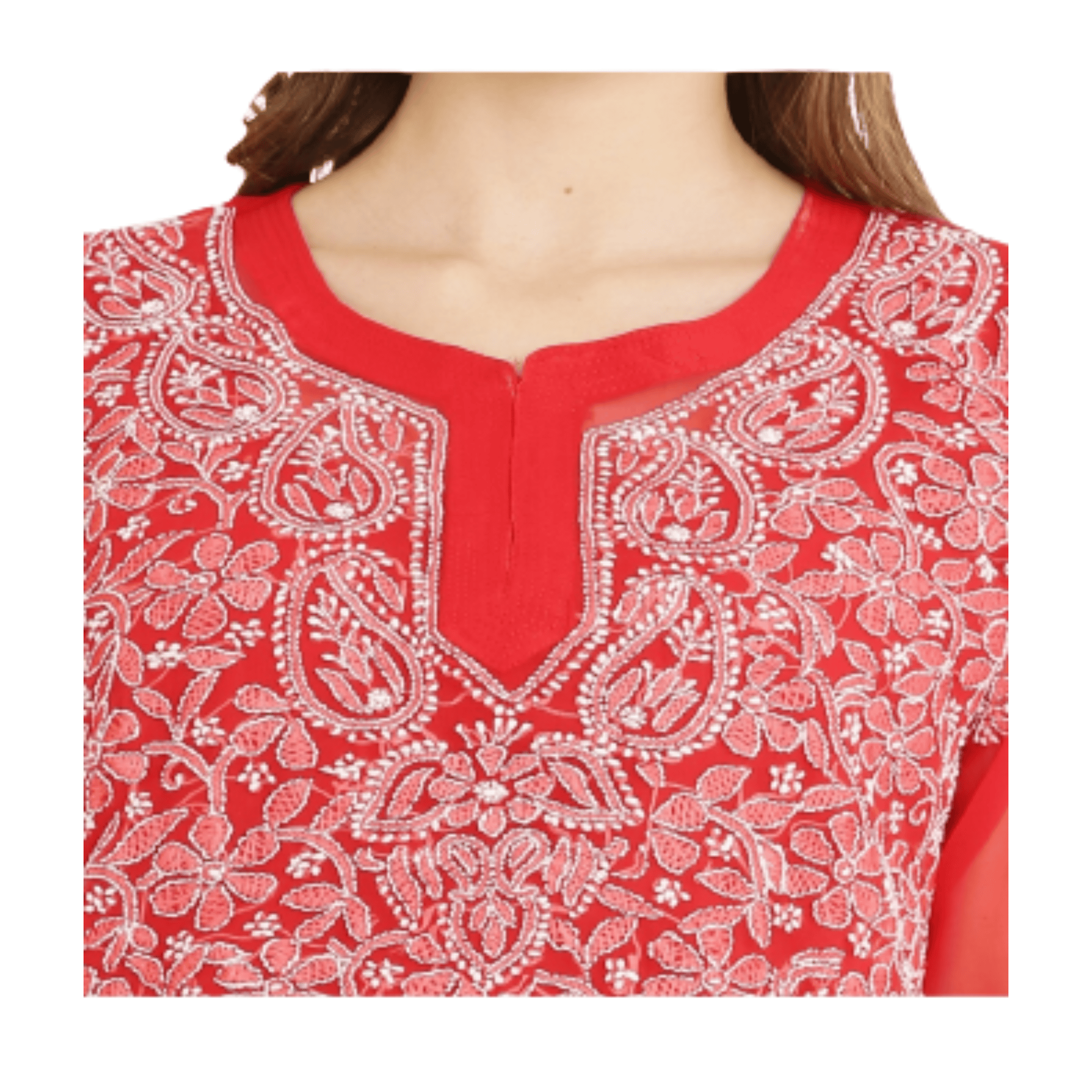 FASHION BONES Women's Sheer Georgette Handcrafted Lucknowi Chikankari Embroidery Short Kurti for Office Wear College Party Daily Casual