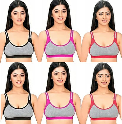 Fashion Bones- Women Stylish Non-Padded Anti Sagging Breathable Non Wired Full Coverage Workout Yoga Sports Bra Ladies Lingerie - (Black/Red/Pink) Pack of 6