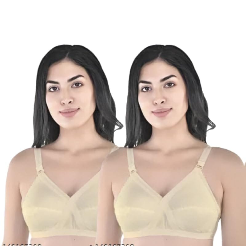 FASHION BONES Women's Cotton Cross Bra | Full Coverage, Non-Padded | Daily Use Cotton Bra | White & Beige | Combo (Pack of 2)