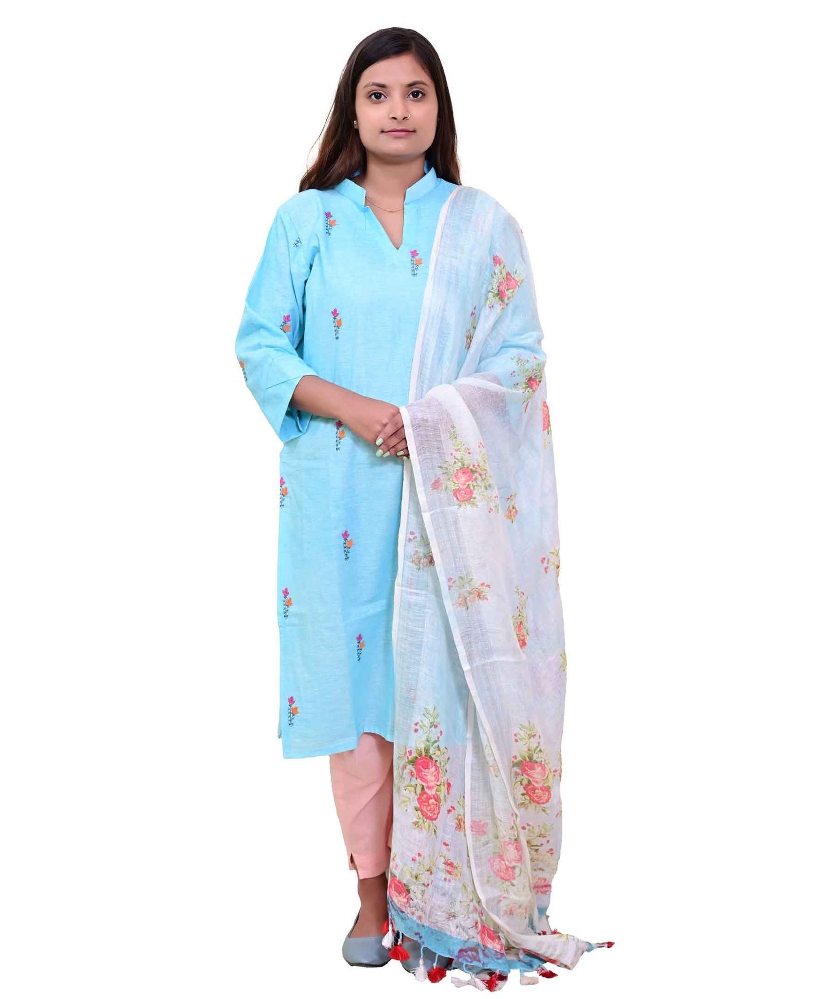 Cotton Embordered Sky Blue Kurta with Digital Printed Linen Dupatta