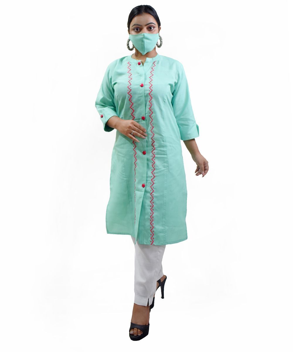 Women Cotton Blend A-line Green Kurta