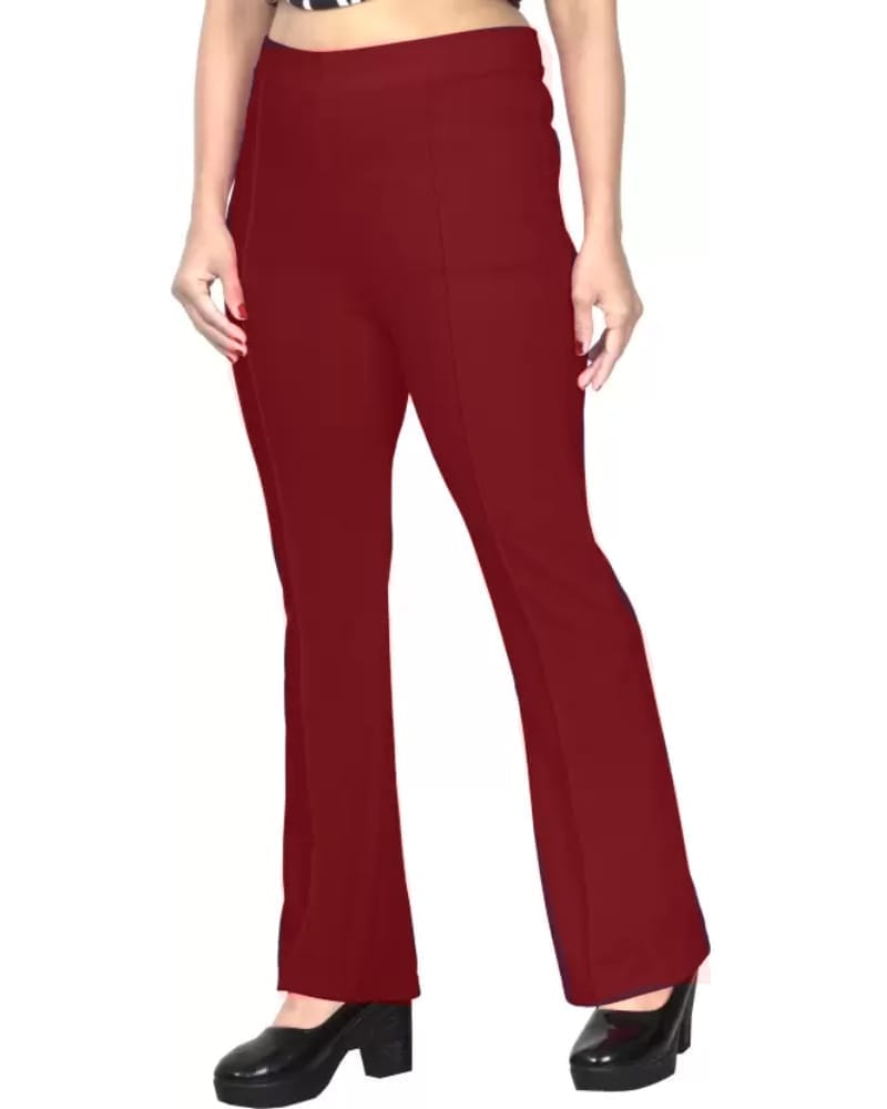 Women Slim Fit Maroon Lycra Blend Trousers