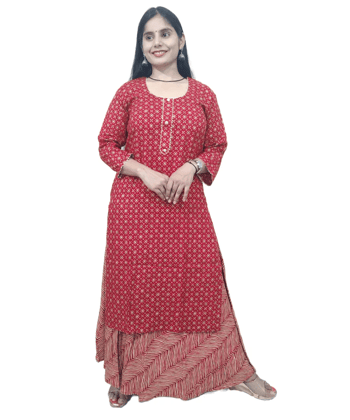 Women Red Kurta and Skirt Set Viscose Rayon