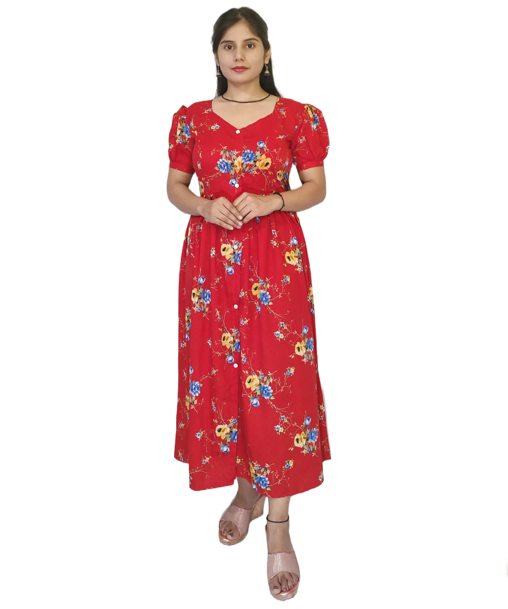 Women's Red Crepe Floral Print  Maxi Dress