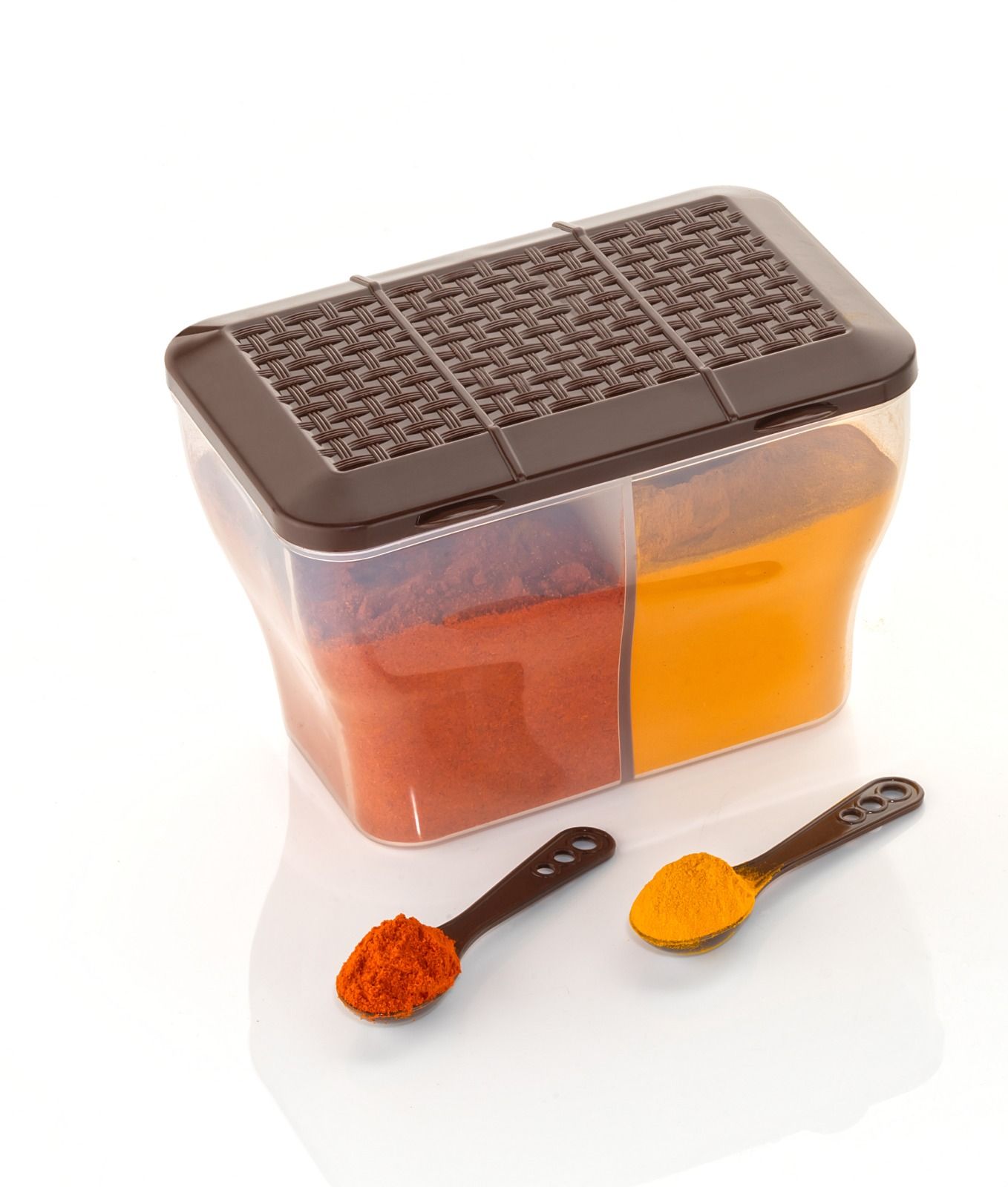 HAPPI Multipurpose Plastic 2 in 1 Masala Box for Kitchen , Spice Boxes for Kitchen , Transparent 2 Compartment Storage Containers Airtight Grocery, Dry Fruits Box 2000 Ml with 2 Spoons(Brown)