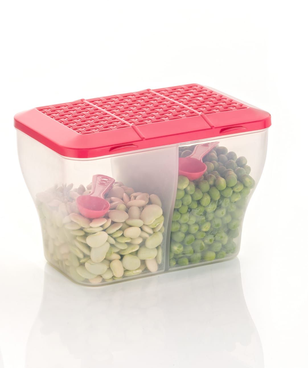 HAPPI Multipurpose Plastic 2 in 1 Masala Box for Kitchen , Spice Boxes for Kitchen , Transparent 2 Compartment Storage Containers Airtight Grocery, Dry Fruits Box 2000 Ml with 2 Spoons(Pink)