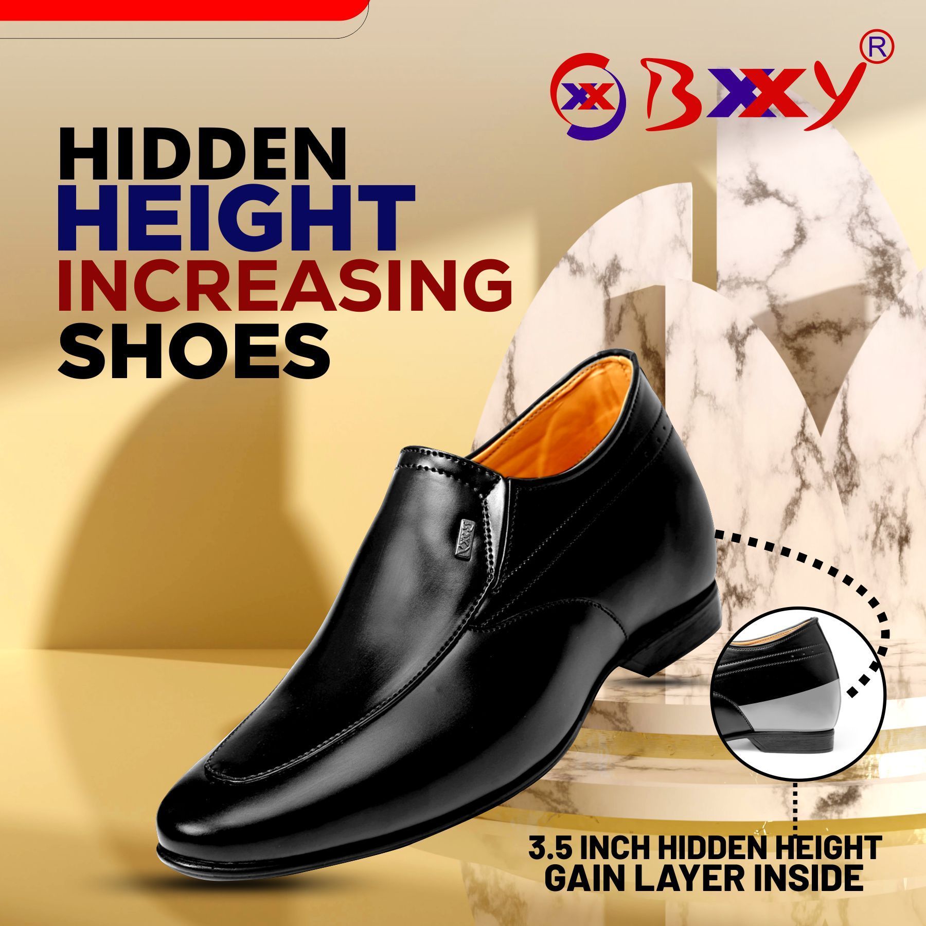 BXXY Men's 9 cm (3.5 Inch) Hidden Height Increasing Faux Leather Material Slip-on Formal Dress Shoes