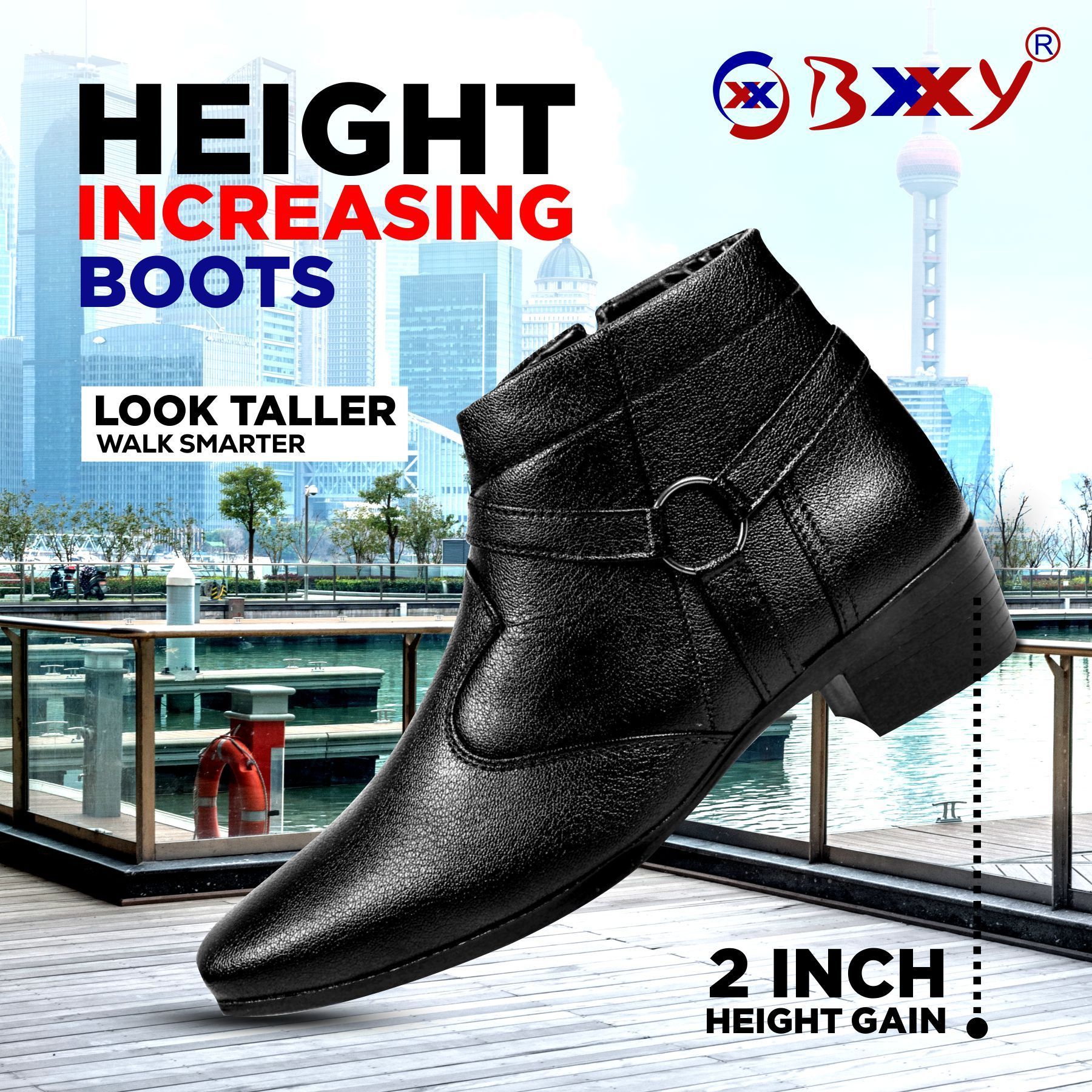 BXXY Men's New Height Increasing with Strapped Zipper and Buckle Boots for All Occassions and All Seasons