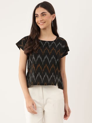 Black & orange regular top Geometric print Round neck, short, extended sleeves Woven cotton