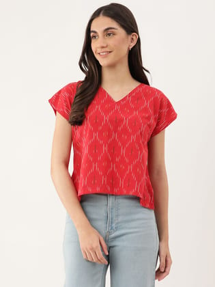 Red and white regular top ikat print V-neck, short, extended sleeves Woven cotton