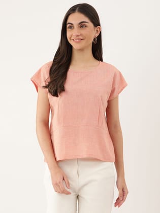 Peach-colored regular a-line top Solid Round neck, short, extended sleeves Pleated Detail