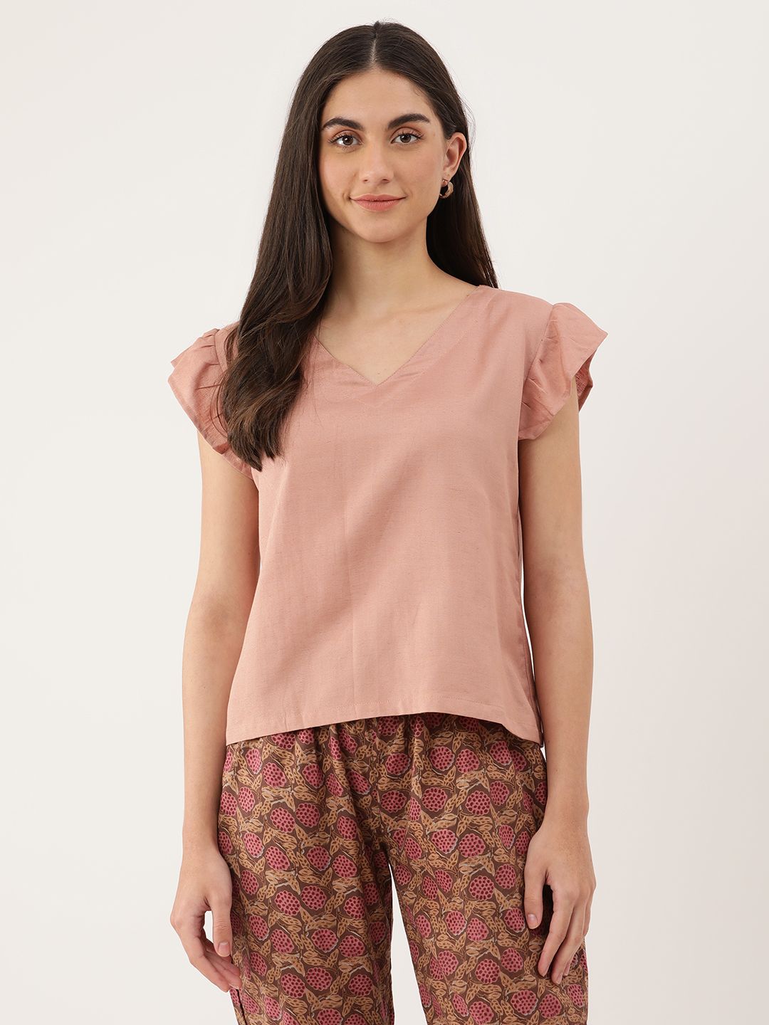 V-Neck Flutter Sleeve Regular Top Peach Top