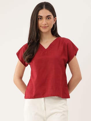 Maroon regular top Solid V-neck, short, extended sleeves Woven linen