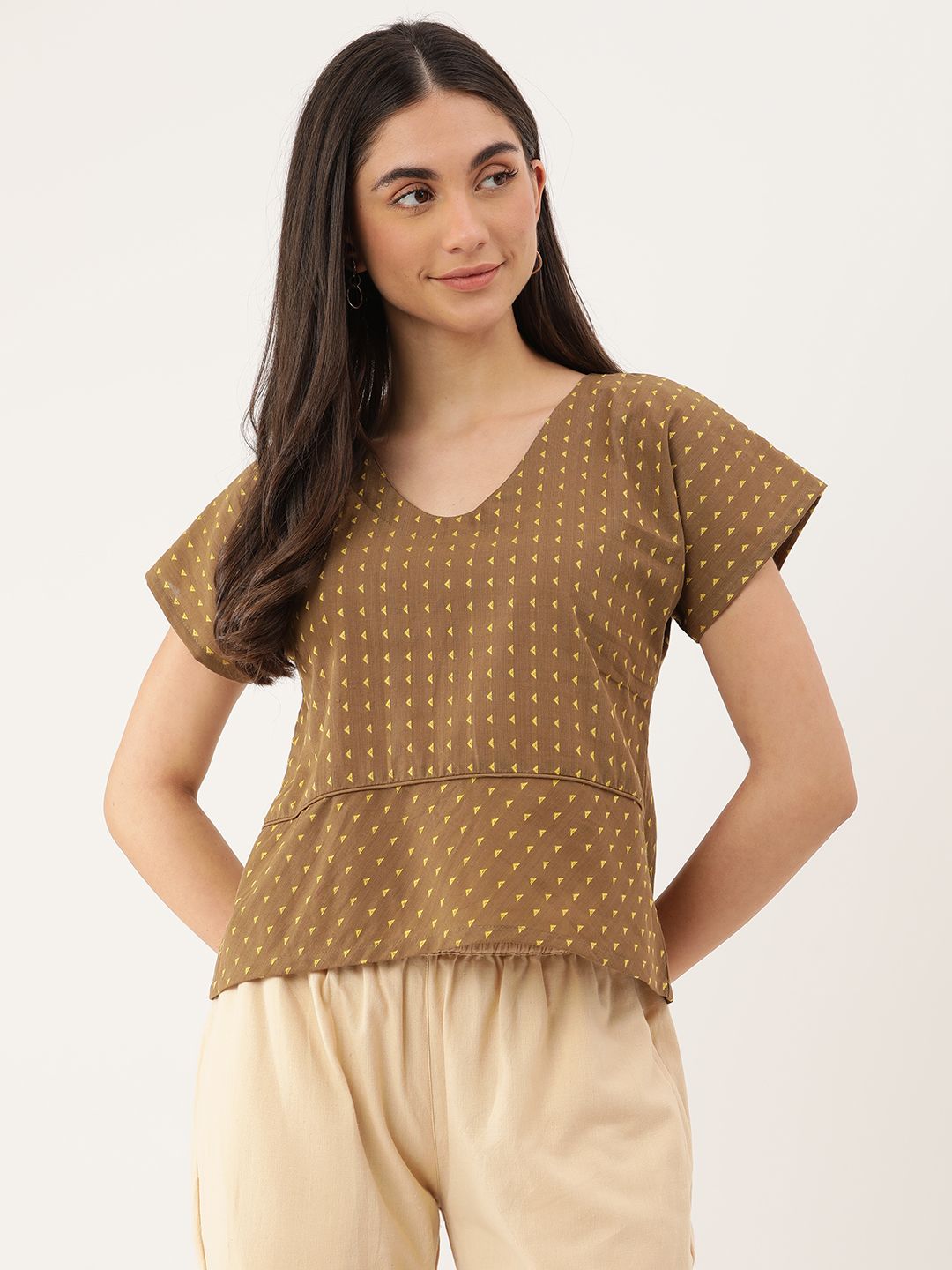 Brown and Yellow Geometric Print A-line Top
