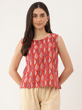 Printed Pure Cotton Boat Neck Sleeveless Top, Red Top