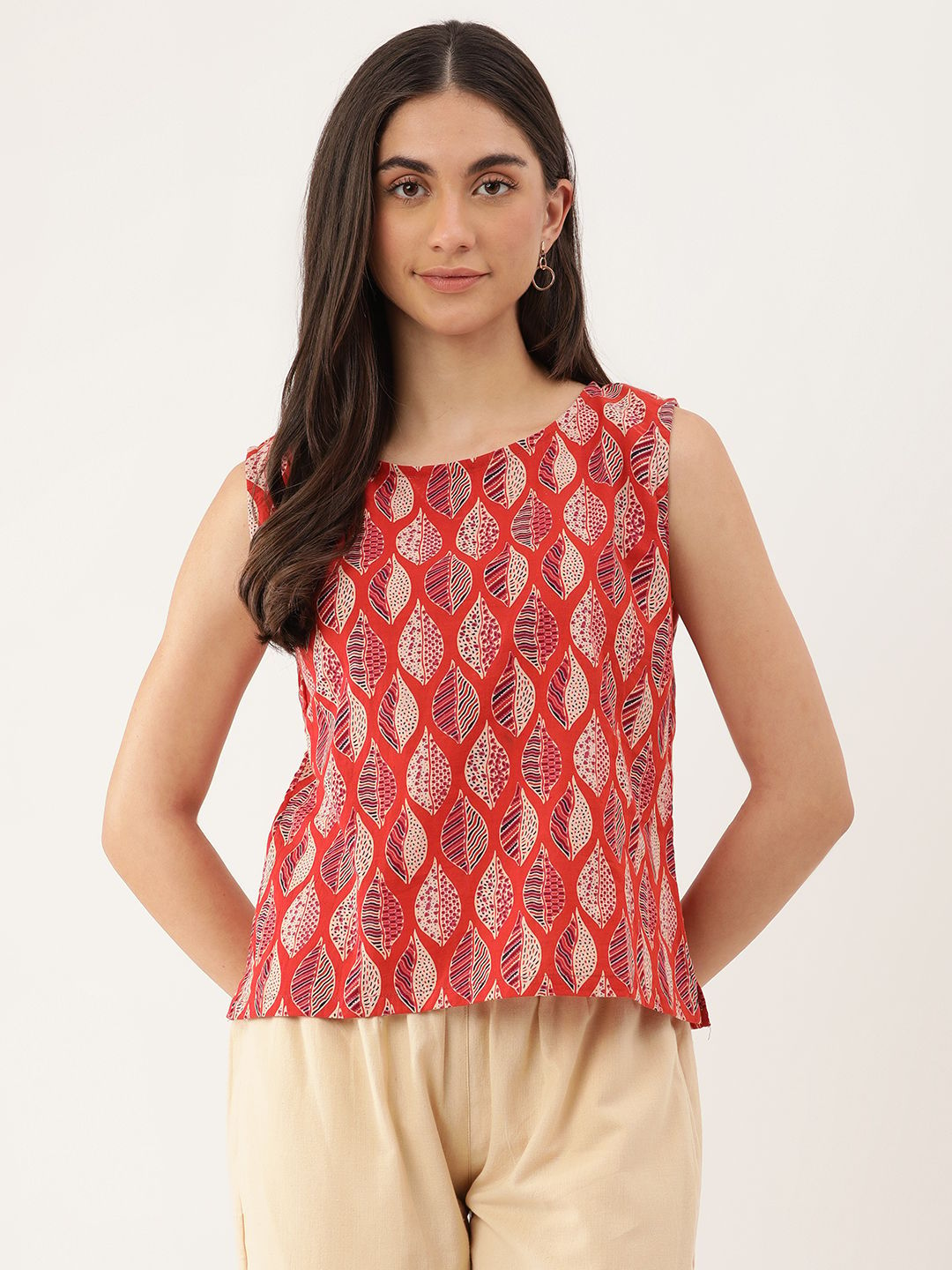 Printed Pure Cotton Boat Neck Sleeveless Top, Red Top