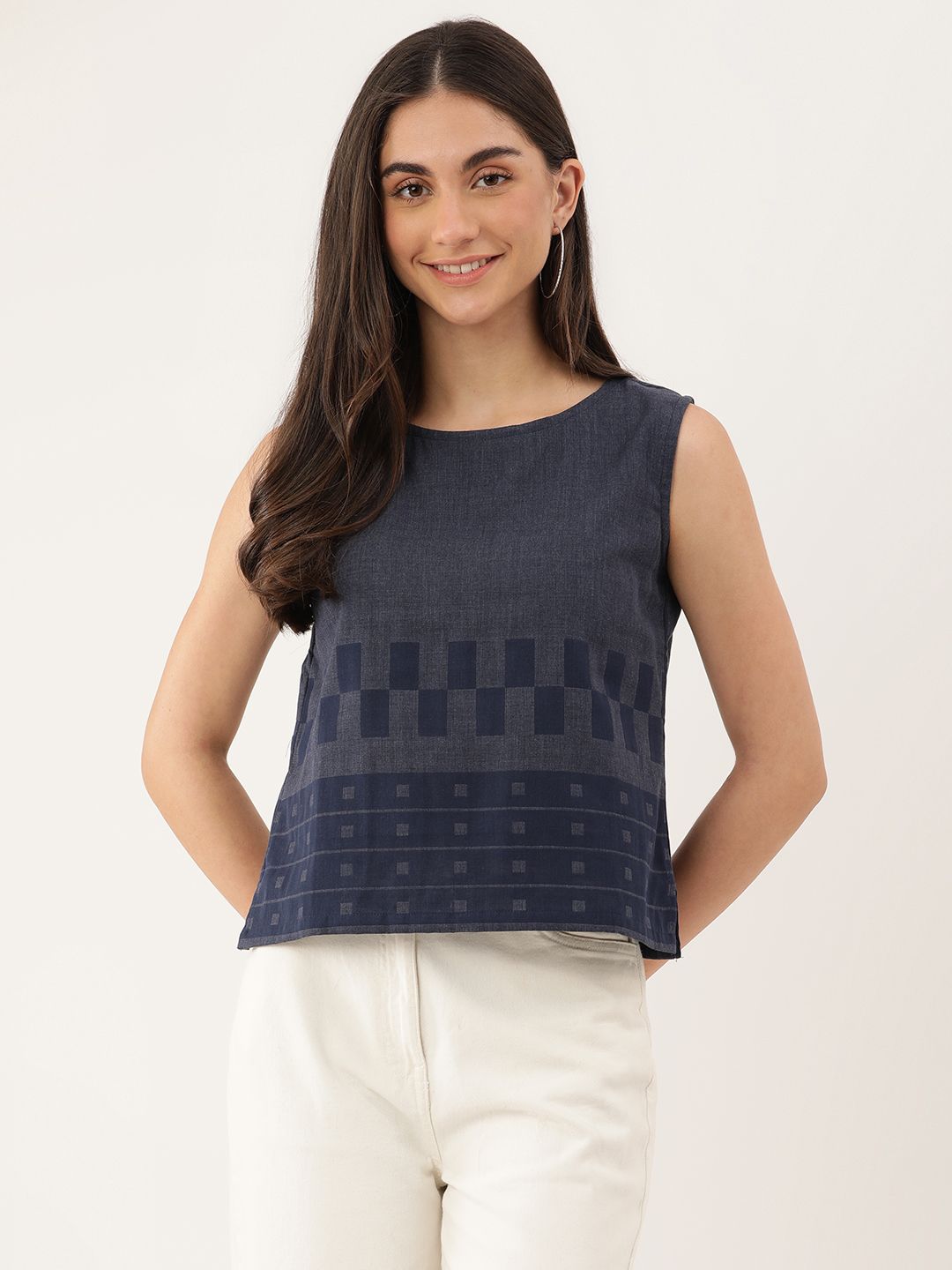 Printed Round Neck A-Line Top Geometric Print Grey top