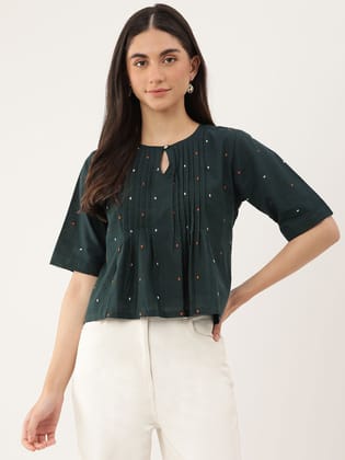 Geometric Printed Keyhole Neck Pure Cotton Green top